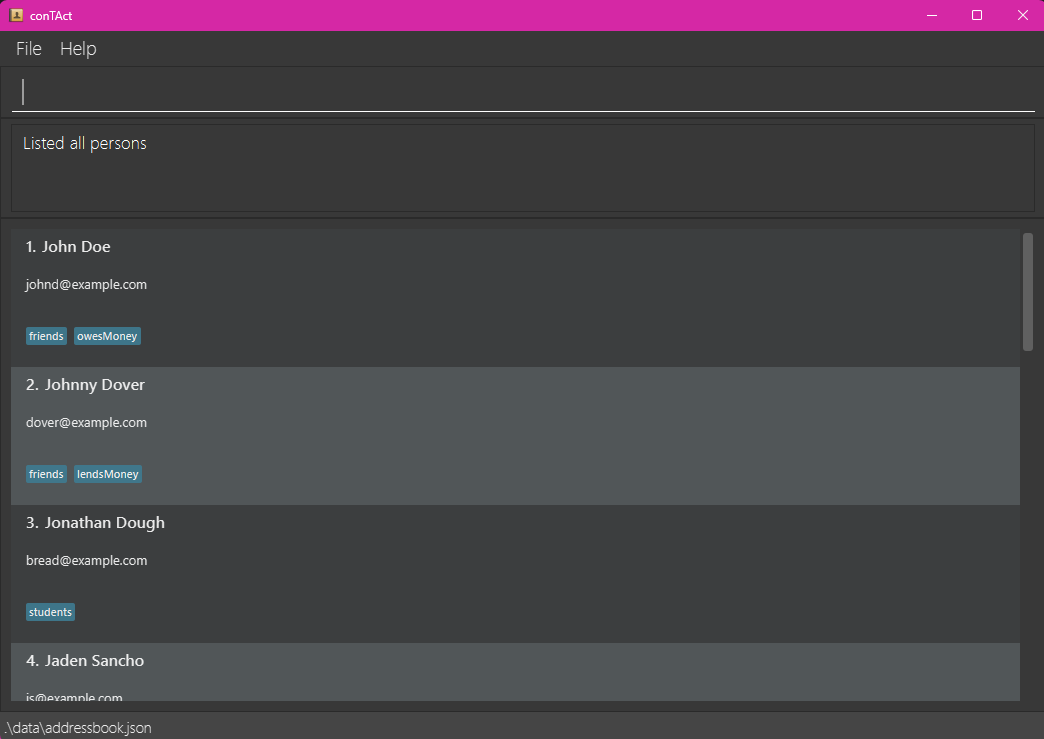 Sample output for 'list n/ e/ t/'